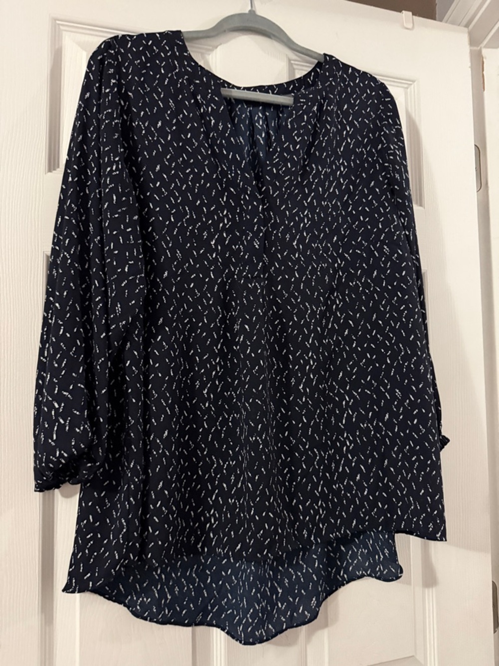 Tahari Navy and White Printed Long-Sleeve Blouse 1X